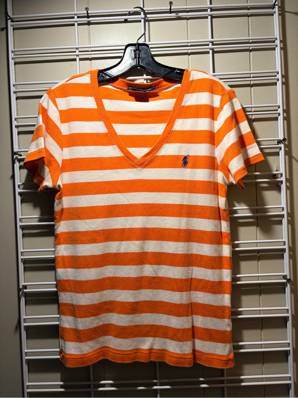 Ralph Lauren Inspired Orange White Striped V-Neck Women’s Shirt XL